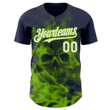 Load image into Gallery viewer, Custom Navy White-Neon Green Flames Skull Smoke Authentic Baseball Jersey

