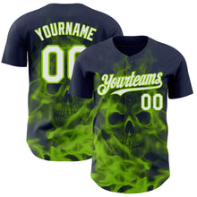 Load image into Gallery viewer, Custom Navy White-Neon Green Flames Skull Smoke Authentic Baseball Jersey
