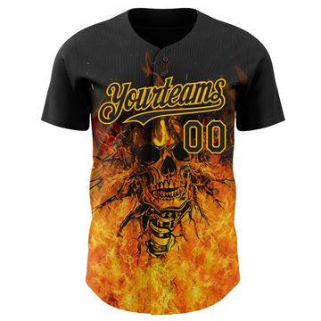 Custom Black-Gold Flames Skull Authentic Baseball Jersey