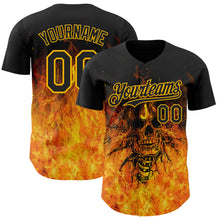 Load image into Gallery viewer, Custom Black-Gold Flames Skull Authentic Baseball Jersey
