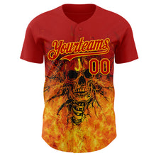 Laden Sie das Bild in den Galerie-Viewer, Custom Red-Gold Flames Skull Authentic Baseball Jersey
