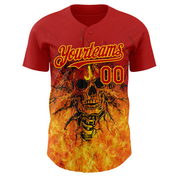 Custom Red-Gold Flames Skull Authentic Baseball Jersey