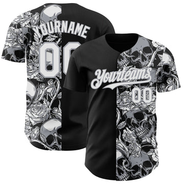 Custom Black White-Gray Skull And Rose Authentic Baseball Jersey