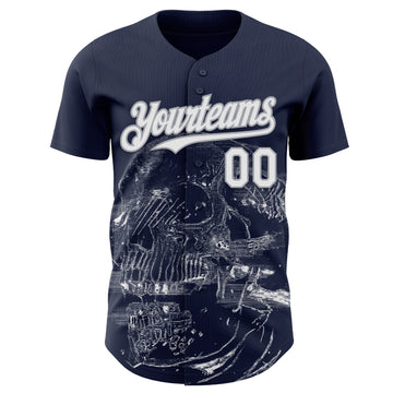 Custom Navy White-Gray Skull Authentic Baseball Jersey
