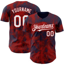 Load image into Gallery viewer, Custom Navy White-Red Flames Skull Authentic Baseball Jersey
