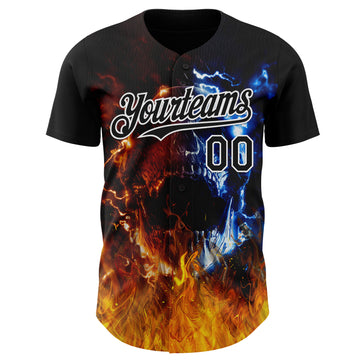 Custom Black-White Flames Skull Authentic Baseball Jersey