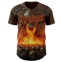 Laden Sie das Bild in den Galerie-Viewer, Custom Brown Black-Orange Flames Skull Authentic Baseball Jersey
