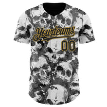 Laden Sie das Bild in den Galerie-Viewer, Custom Gray Black-Old Gold Flames Skull Smoke Authentic Baseball Jersey
