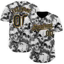 Laden Sie das Bild in den Galerie-Viewer, Custom Gray Black-Old Gold Flames Skull Smoke Authentic Baseball Jersey

