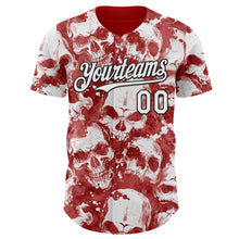 Load image into Gallery viewer, Custom Red White-Black Flames Skull Smoke Authentic Baseball Jersey
