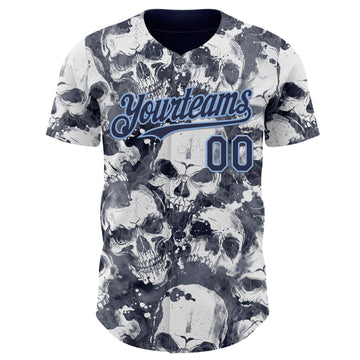 Custom Gray Navy-Light Blue Flames Skull Smoke Authentic Baseball Jersey