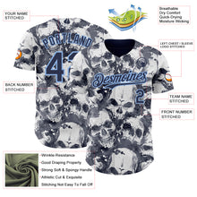 Laden Sie das Bild in den Galerie-Viewer, Custom Gray Navy-Light Blue Flames Skull Smoke Authentic Baseball Jersey
