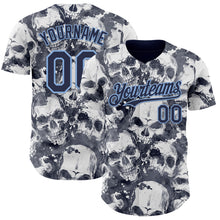 Laden Sie das Bild in den Galerie-Viewer, Custom Gray Navy-Light Blue Flames Skull Smoke Authentic Baseball Jersey
