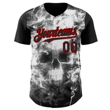 Laden Sie das Bild in den Galerie-Viewer, Custom Black White-Red Flames Skull Smoke Authentic Baseball Jersey

