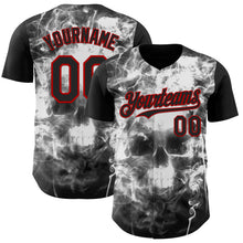 Laden Sie das Bild in den Galerie-Viewer, Custom Black White-Red Flames Skull Smoke Authentic Baseball Jersey
