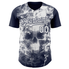 Laden Sie das Bild in den Galerie-Viewer, Custom Navy-White Flames Skull Smoke Authentic Baseball Jersey
