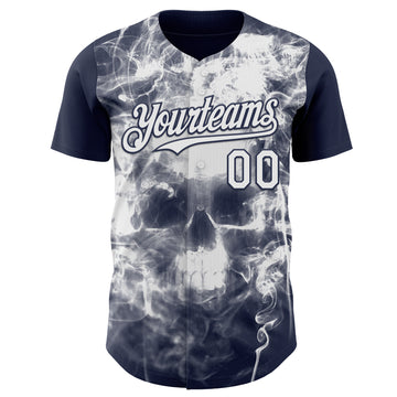 Custom Navy-White Flames Skull Smoke Authentic Baseball Jersey