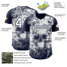 Laden Sie das Bild in den Galerie-Viewer, Custom Navy-White Flames Skull Smoke Authentic Baseball Jersey
