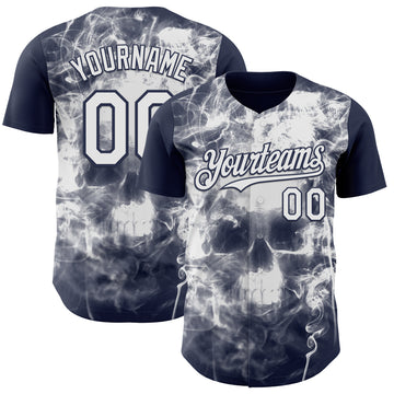 Custom Navy-White Flames Skull Smoke Authentic Baseball Jersey