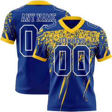 Custom Royal Yellow-White Authentic Distressed Scratch Brush Stroke Football Jersey