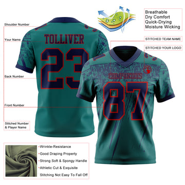 Custom Teal Navy-Red Authentic Distressed Scratch Brush Stroke Football Jersey
