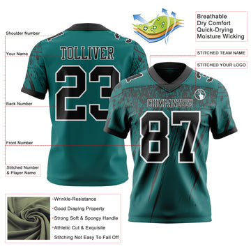 Custom Teal Black-White Authentic Distressed Scratch Brush Stroke Football Jersey