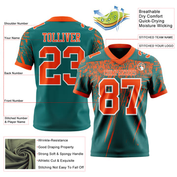 Custom Teal Orange-White Authentic Distressed Scratch Brush Stroke Football Jersey