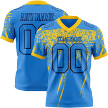 Load image into Gallery viewer, Custom Powder Blue Yellow-Navy Authentic Distressed Scratch Brush Stroke Football Jersey
