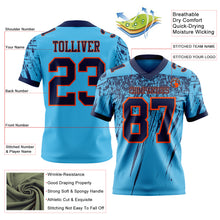 Load image into Gallery viewer, Custom Sky Blue Navy-Orange Authentic Distressed Scratch Brush Stroke Football Jersey
