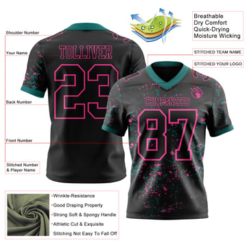 Custom Black Teal-Pink Authentic Abstract Shattered Paint Splatter Football Jersey