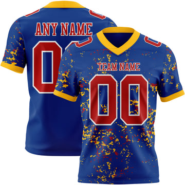 Custom Royal Red Gold-White Authentic Abstract Shattered Paint Splatter Football Jersey