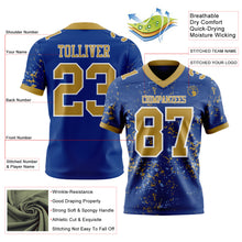 Load image into Gallery viewer, Custom Royal Old Gold Light Blue-White Authentic Abstract Shattered Paint Splatter Football Jersey
