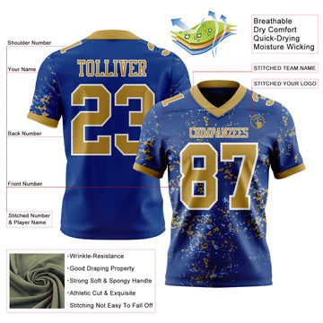 Custom Royal Old Gold Light Blue-White Authentic Abstract Shattered Paint Splatter Football Jersey