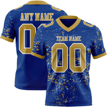 Load image into Gallery viewer, Custom Royal Old Gold Light Blue-White Authentic Abstract Shattered Paint Splatter Football Jersey
