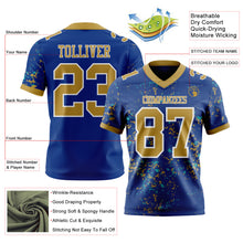 Загрузить изображение в средство просмотра галереи, Custom Royal Old Gold Aqua-White Authentic Abstract Shattered Paint Splatter Football Jersey
