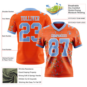Custom Orange Light Blue Grass Green-White Authentic Abstract Shattered Paint Splatter Football Jersey