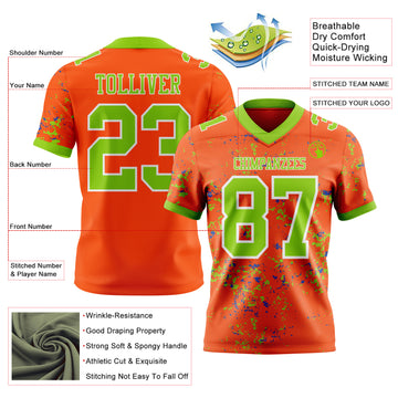 Custom Orange Neon Green Thunder Blue-White Authentic Abstract Shattered Paint Splatter Football Jersey