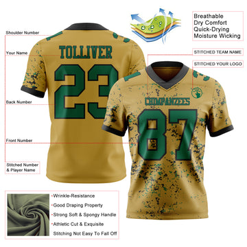 Custom Old Gold Kelly Green-Black Authentic Abstract Shattered Paint Splatter Football Jersey