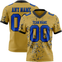 Charger l'image dans la galerie, Custom Old Gold Thunder Blue-Black Authentic Abstract Shattered Paint Splatter Football Jersey
