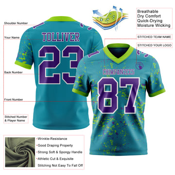 Custom Teal Purple Neon Green-White Authentic Abstract Shattered Paint Splatter Football Jersey