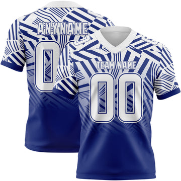 Custom White-Royal Authentic Abstract Geometric Lines Gradient Football Jersey