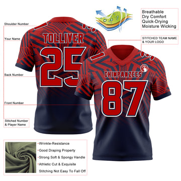 Custom Red Navy-White Authentic Abstract Geometric Lines Gradient Football Jersey
