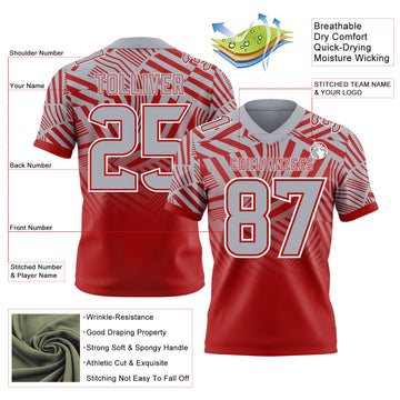 Custom Gray Red-White Authentic Abstract Geometric Lines Gradient Football Jersey