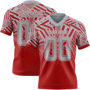Custom Gray Red-White Authentic Abstract Geometric Lines Gradient Football Jersey