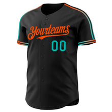 Laden Sie das Bild in den Galerie-Viewer, Custom Black Aqua-Orange Raglan Line Gradient Stripe Authentic Baseball Jersey
