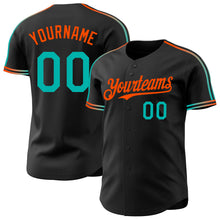 Laden Sie das Bild in den Galerie-Viewer, Custom Black Aqua-Orange Raglan Line Gradient Stripe Authentic Baseball Jersey
