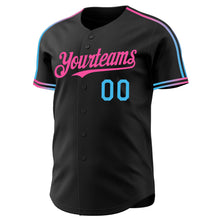 Laden Sie das Bild in den Galerie-Viewer, Custom Black Sky Blue-Pink Raglan Line Gradient Stripe Authentic Baseball Jersey
