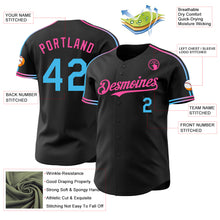 Laden Sie das Bild in den Galerie-Viewer, Custom Black Sky Blue-Pink Raglan Line Gradient Stripe Authentic Baseball Jersey
