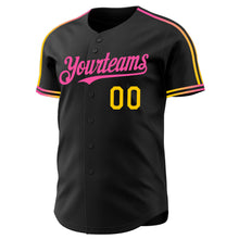 Laden Sie das Bild in den Galerie-Viewer, Custom Black Yellow-Pink Raglan Line Gradient Stripe Authentic Baseball Jersey
