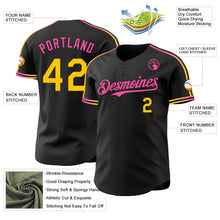 Laden Sie das Bild in den Galerie-Viewer, Custom Black Yellow-Pink Raglan Line Gradient Stripe Authentic Baseball Jersey
